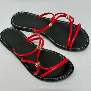 Women’s Red Strappy Slide Sandals with Gold Accents